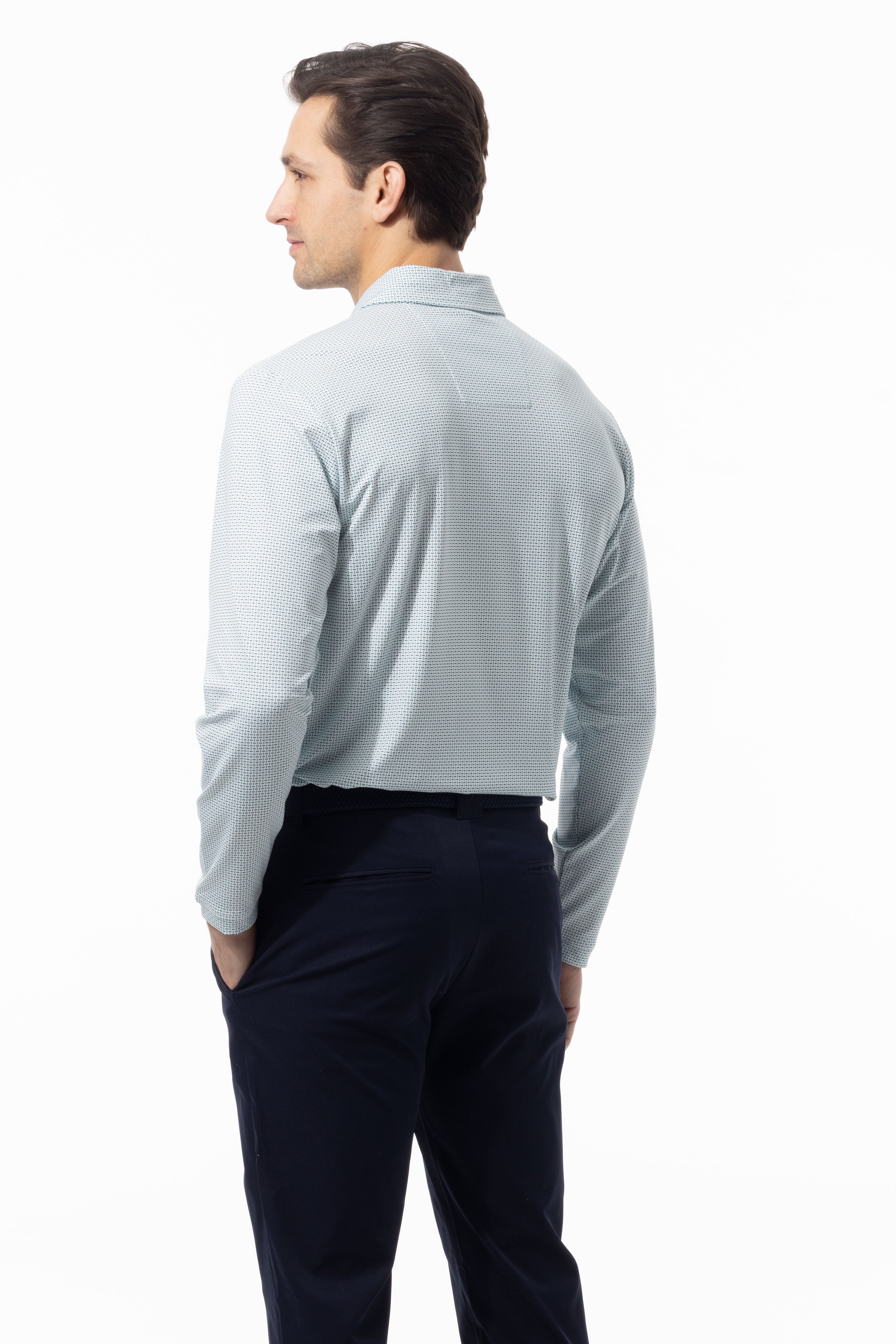 SANSOLEIL'S MEN'S LONG SLEEVE PRINT POLO. MATRIX. GREEN NAVY. 900841 - SanSoleil