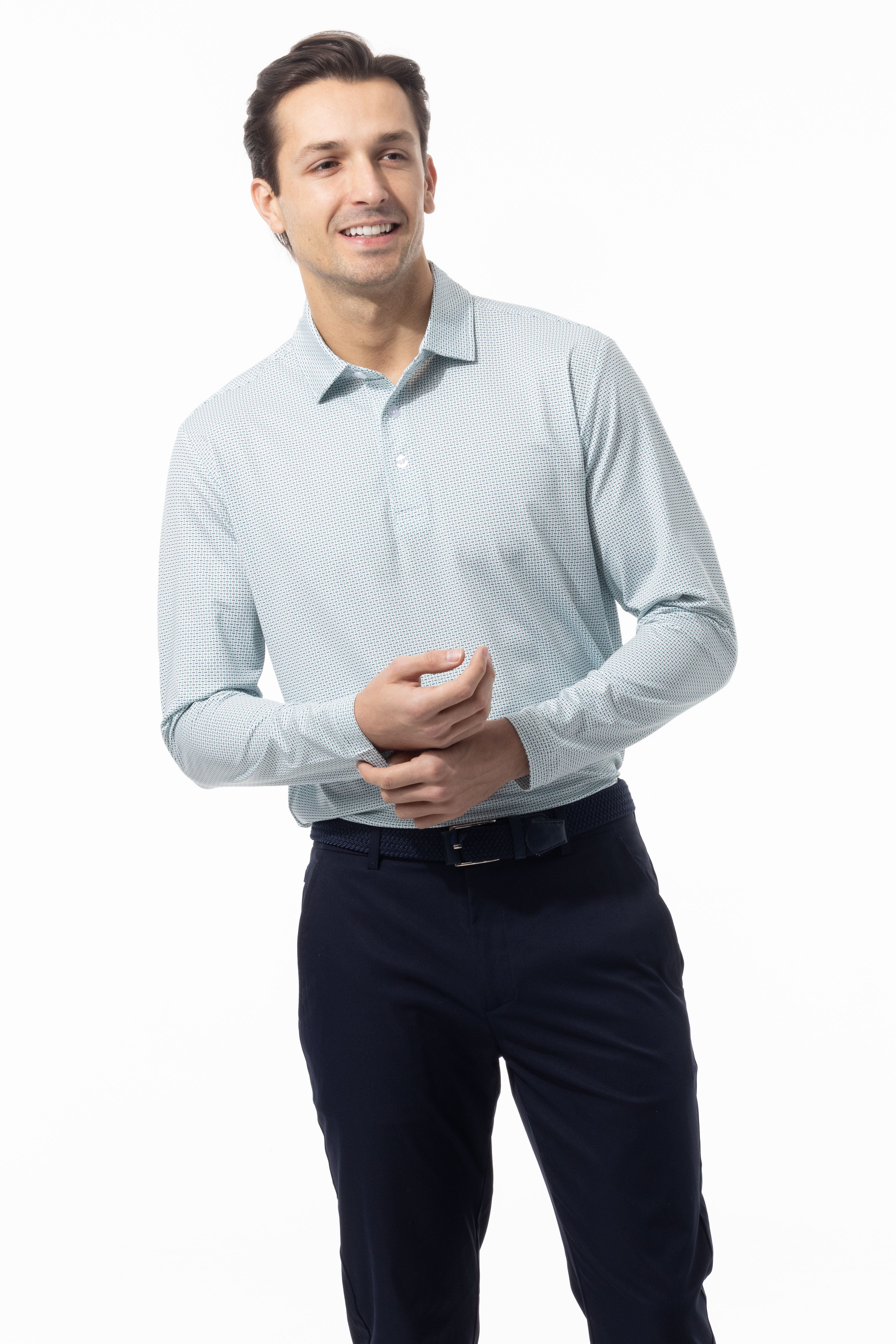 SANSOLEIL'S MEN'S LONG SLEEVE PRINT POLO. MATRIX. GREEN NAVY. 900841 - SanSoleil