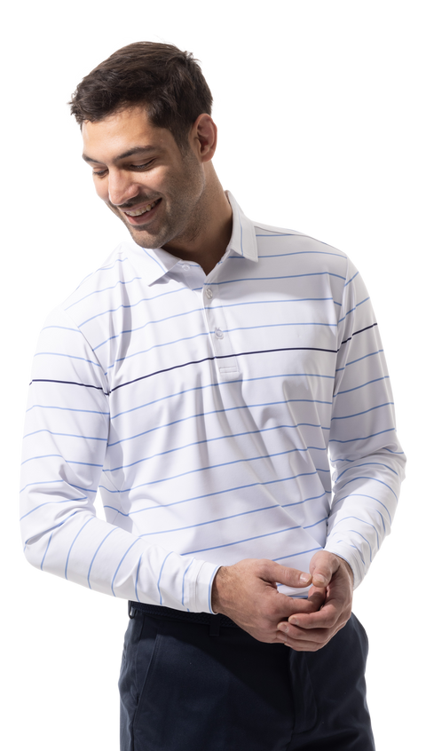 MEN'S SOLTEK ICE LONG SLEEVE STRIPE POLO. CHAMBRAY & MIDNIGHT BLUE.  900841 - SanSoleil