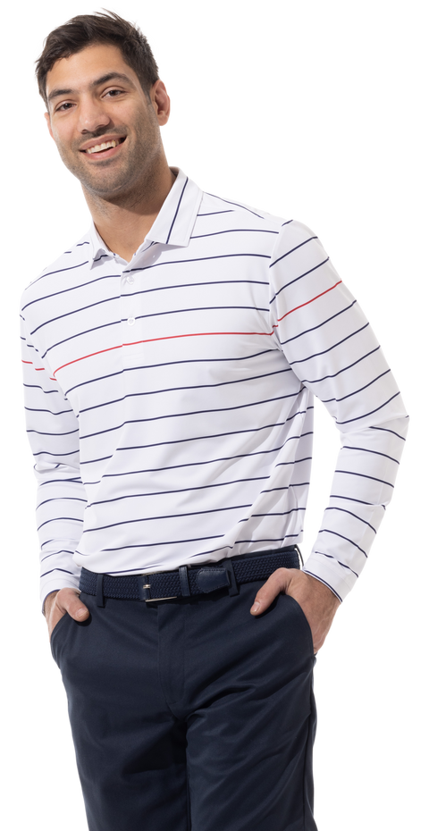 MEN'S SOLTEK ICE LONG SLEEVE STRIPE POLO. NAVY & RED.  900841 - SanSoleil