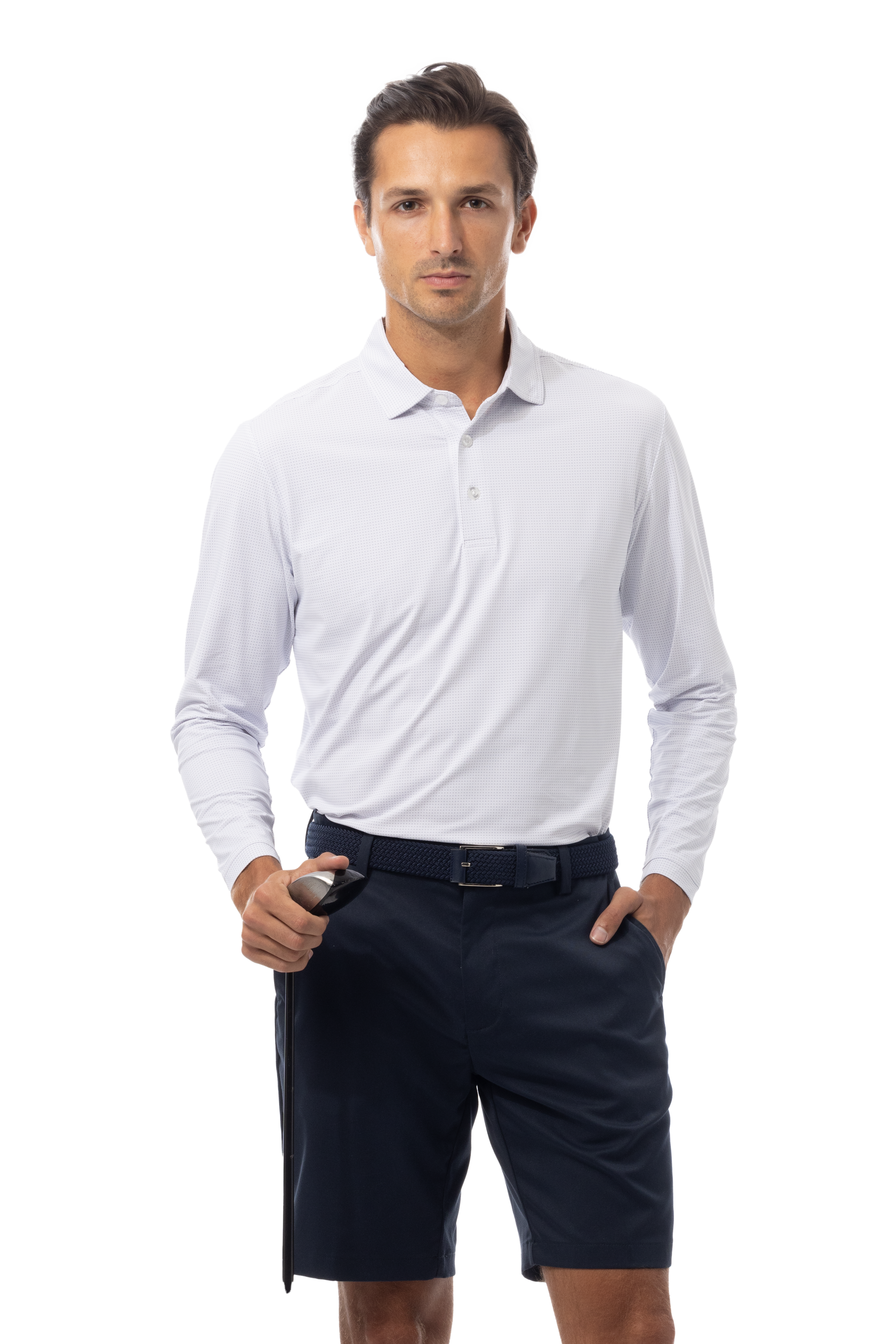 SANSOLEIL'S MEN'S SOLAIR LONG SLEEVE POLO. WHITE NAVY - 900841A - SanSoleil