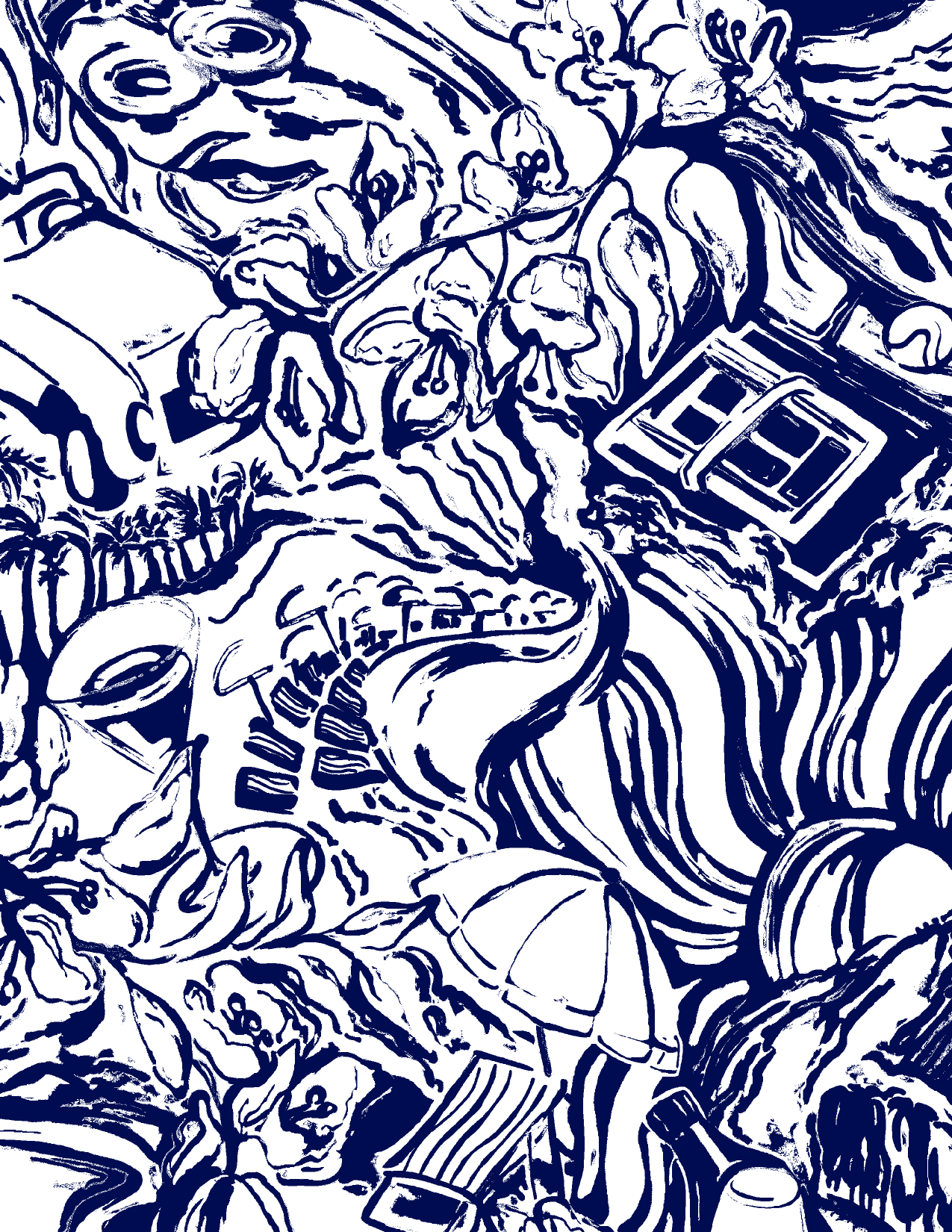 SANSOLEIL 1/4 ZIP PRINT  MOCK. GIRLS TRIP. NAVY.  900621 - SanSoleil