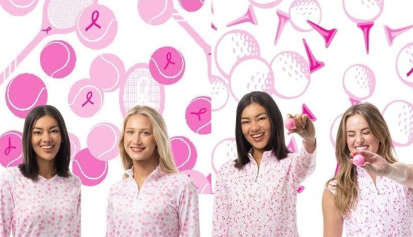 Four women wearing matching pink and white patterned tops stand against a pink tennis-themed background with text at the top about SanSoleil's exclusive Play for P.I.