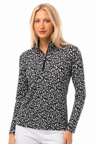 SOLSHINE PRINT 1/4 ZIP MOCK. SIP & SPARKLE. BLACK-GOLD FOIL 900320 - SanSoleil