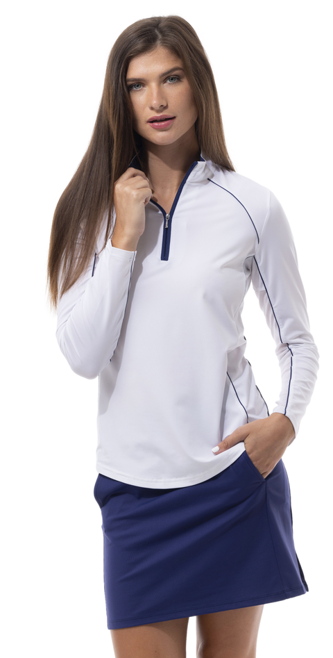  SANSOLEIL SUNGLOW ZIP MOCK WITH PIPING. WHITE WITH NAVY. 900445