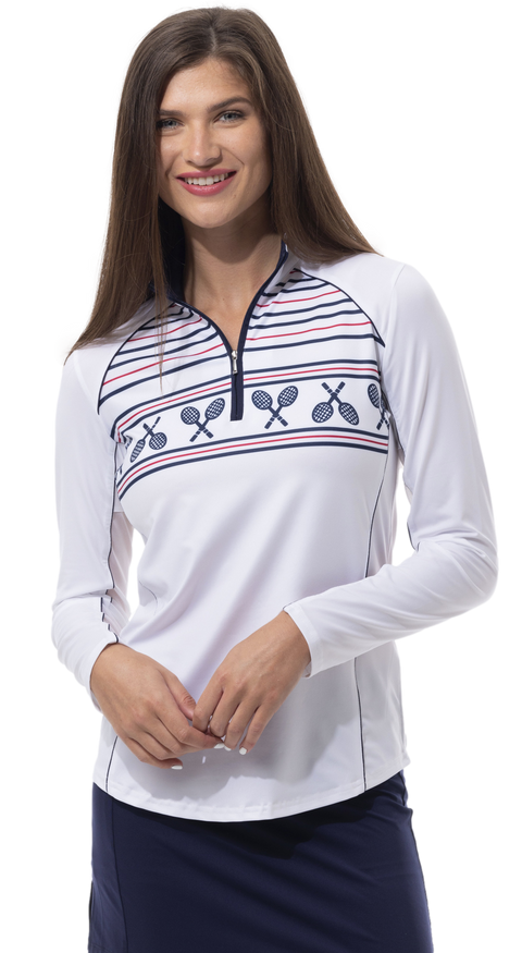 SANSOLEIL SOLCOOL PRINTED ZIP MOCK WITH PIPING. SIDELINES TENNIS- 900445P