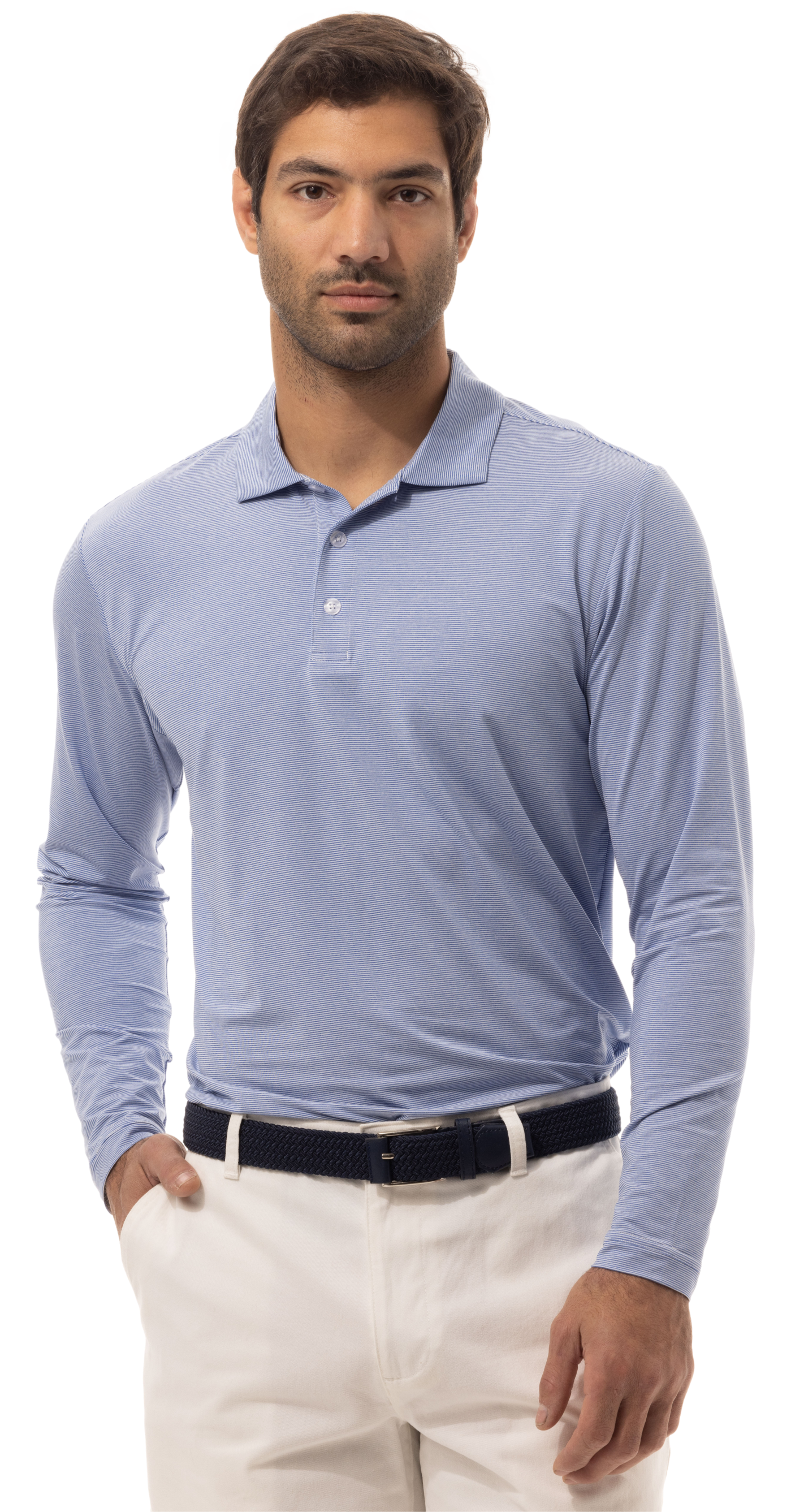 MEN'S SOLTEK ICE MINI-STRIPE POLO. MELANGE PACIFIC BLUE & WHITE - 900837MM